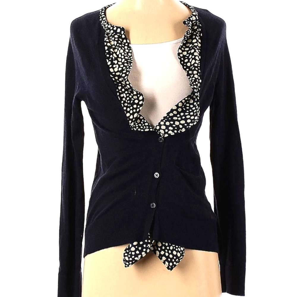Monogram HWR Navy Nautical Ruffle Trim Cardigan Sweater